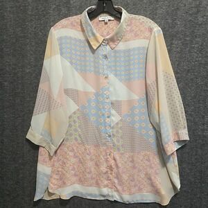 Rose‎ Olive Blouse Top Womens 1X Pink Floral Patchwork Button Shirt Tunic Office